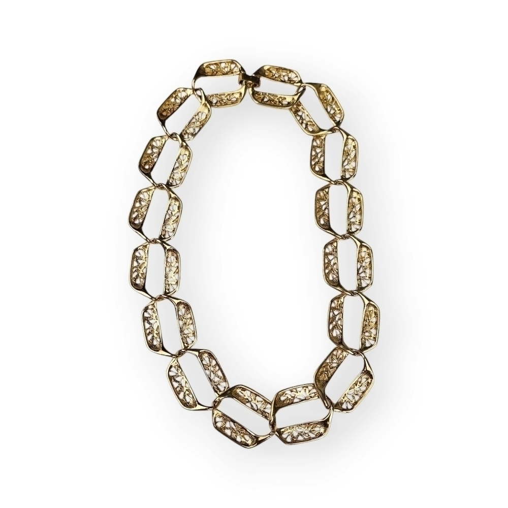 Vintage 80s Chain Necklace Floral Wide Hexagon Link Gold Plated Heavy 17.5" Long - Picture 6 of 7